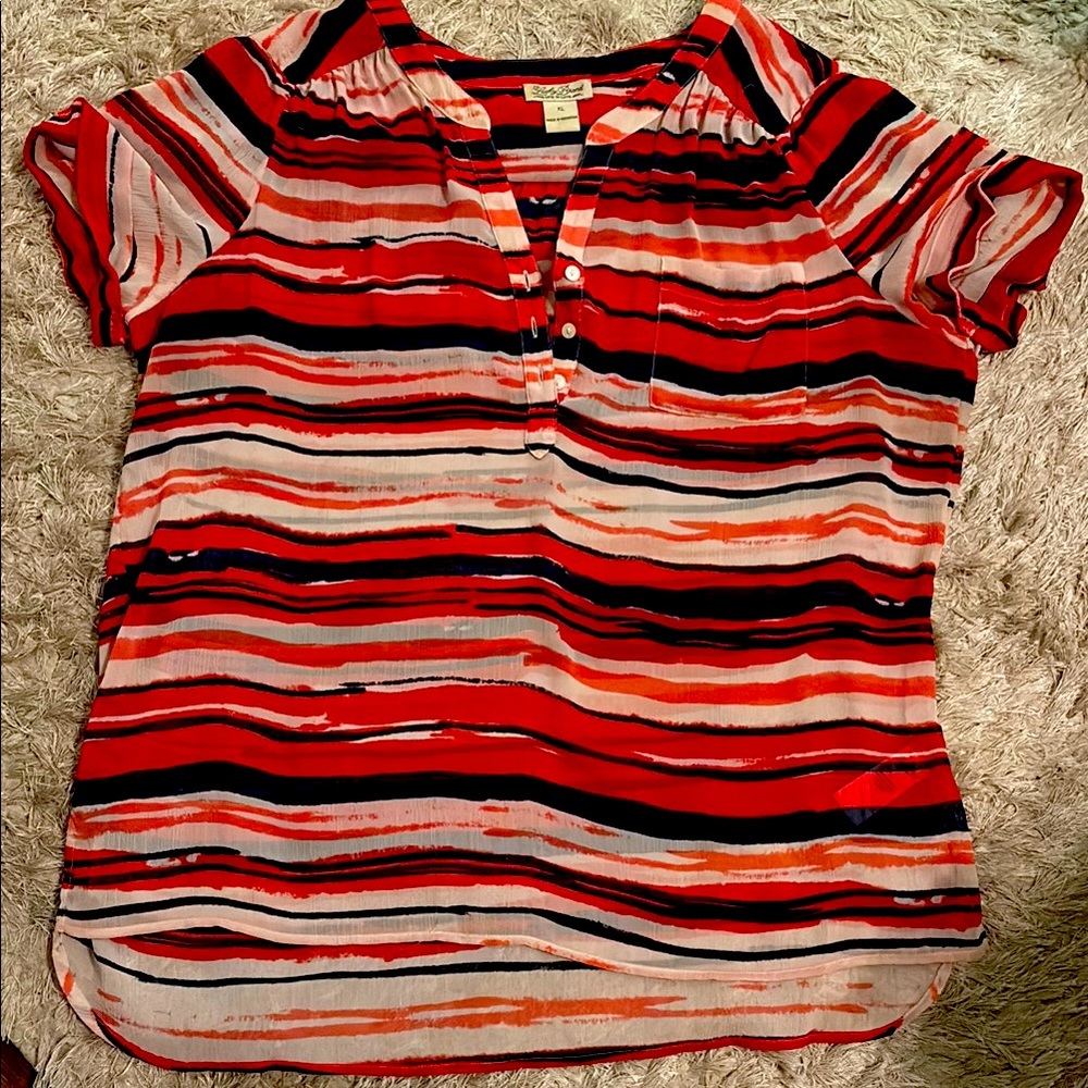 Lucky Brand Red and Blue Short Sleeve Sheer Polo Blouse